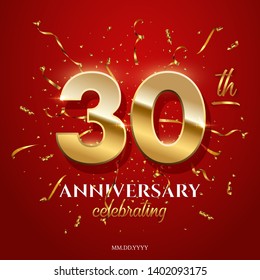 30 golden numbers and Anniversary Celebrating text with golden serpentine and confetti on red background. Vector thirtieth anniversary celebration event square template