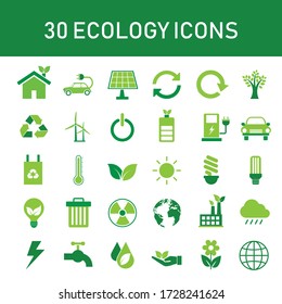 30 green ecology icon set. energy sign and symbol. isolated on white background. vector illustration flat design. environment and sustainable concept. save the world development. 