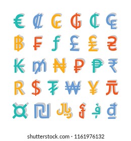 30 hand drawn currency symbols. Bright colorful three-dimensional signs on white background. EPS 10