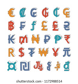 30 hand drawn currency symbols. Doodle three-dimensional contour signs. Bright funny childish cartoon style. Colorful on white. EPS 10