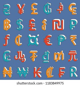 30 hand drawn currency symbols seamless pattern. Bright colorful three-dimensional signs on blue background. EPS 10