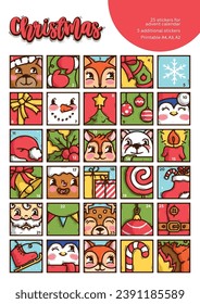 30 handdrawn advent calendar cartoon stickers. Merry Christmas doodle icon set for printing on sheets of A4, A3, A2 format. Happy New Year 2024. Printable. Cute face animal santa claus gift for kids