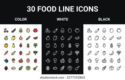 30 Healthy food line icons colored, with white and black outline. Set icons of fruits, vegetables, berries, meat, fish, cottage cheese end egg. Vector icons.