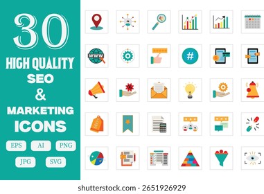 30 high-quality flat icons designed for SEO, digital marketing, and web analytics. Ideal for enhancing websites, presentations, and promotional materials. Provided in multiple formats
