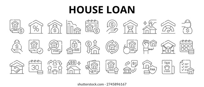 30 House Loan Line Icons Vector - Mortgage, Principal, Amortization, Installment, Lender, Borrower, Approval, Collateral