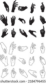 30 human hands line and silhouette drawing in different perspective vector illustration