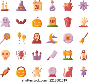 30 íconos de Halloween con decoraciones y atributos variados. El estilo es sencillo y sencillo. Perfecto para la web de iconos, pegatinas y algo sobre Halloween