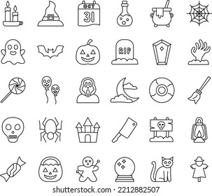 30 íconos de Halloween con decoraciones y atributos variados. Estilo sencillo y de contorno. Perfecto para la web de iconos, pegatinas y algo sobre Halloween