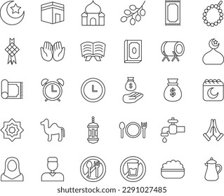 30 icon set of Ramadan with assorted decorations and attributes. Simple and outline style. Perfect for icon web, stickers, and something about Ramadan and Fitr