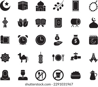 30 icon set of Ramadan with assorted decorations and attributes. Simple and glphy and black color. Perfect for icon web, stickers, and something about Ramadan and Fitr