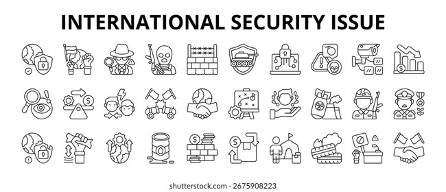 30 Iconos de Línea de Asunto de Seguridad Internacional Vector - Espionaje, Vigilancia, Crisis, Conflicto, Cese al Fuego, Refugiado, Inestabilidad Política