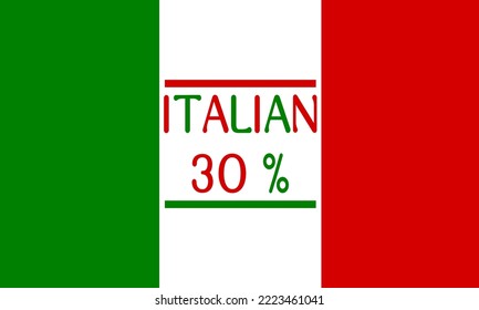 Ilustración de arte vectorial de etiqueta de signos italiana 30% con fuente elegante. Fondo verde, blanco y rojo. Diseño de plantillas de banner para medios sociales y sitios web.