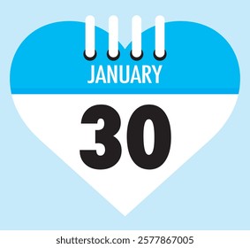 30 January calendar icon sky blue heart shape on light sky blue color background, calendar vector symbol for the month of January.