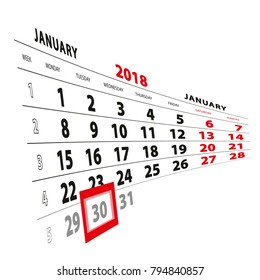 30 January highlighted on calendar 2018. Week starts from Monday. Vector Illustration.
