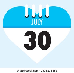 30 July calendar icon sky blue heart shape on light sky blue color background, calendar vector symbol for the month of July.