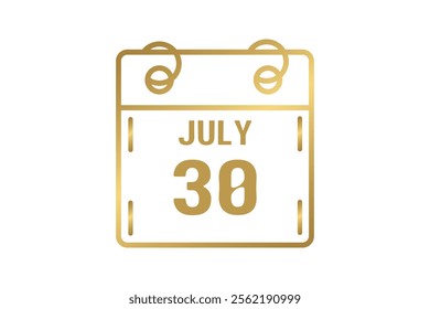 30 July calendar icon text page monthly web design on golden and white background vector, icon, or illustration with the month of July 30