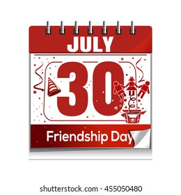 30 July - date of the International Friendship Day celebrations. Wall calendar with the date of July 30. Friendship Day design. Vector illustration