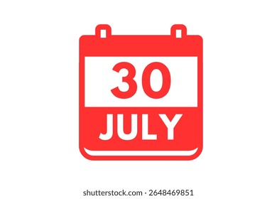30 julho mês vetor dia único, ilustração, calendário com vermelho e branco ícone calendário de fundo de cor de julho 30