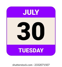 30 July, Tuesday. Date template. Useful design for calendar or event promotion. Vector illustration EPS 10 File. Isolated on white background. 