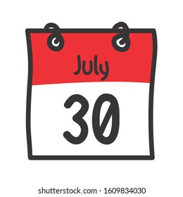 30 July. Vector flat daily calendar icon. Date and time, day, month. Holiday