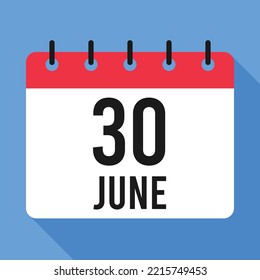 30 June Calendar. Blue Background. Vector Calendar.