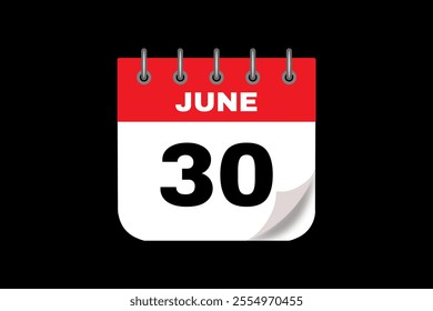 30 June calendar icon text page monthly web design on red, white and black background vector, icon, or illustration with the month of June 30