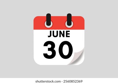 30 June calendar icon text page monthly web design on red, white, black and ash background vector, icon, or illustration with the month of June 30