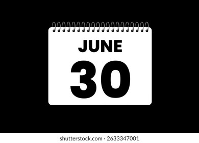 30 junho mês vetor dia único, ilustração, calendário com preto e branco ícone de calendário de fundo de cor de 30 de junho