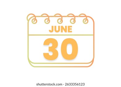 30. Juni Monat einzelne Tag Vektor, Illustration, Kalender mit orange, gelb, braun und weiß Farbe Hintergrund Kalender Symbol vom 30. Juni