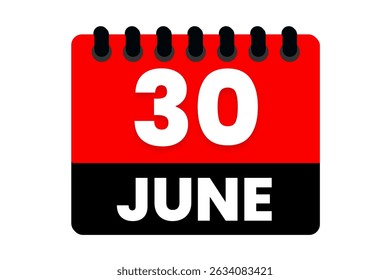 30 June month single day vector, illustration, calendar with red, black and white color background calendar icon of June 30