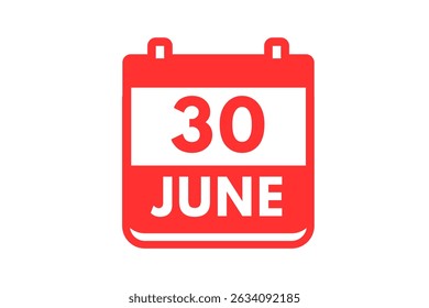 30 de junio mes Vector de un solo día, ilustración, calendario con el icono de calendario de fondo rojo y blanco del 30 de junio