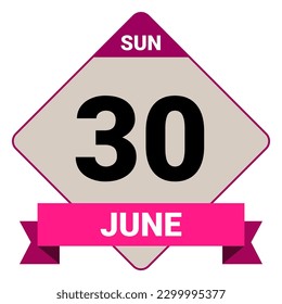 30 June, Sunday. Date template. Useful design for calendar or event promotion. Vector illustration EPS 10 File. Isolated on white background. 