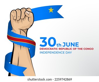 30. Juni. Vektorgrafik der Glücklichen Unabhängigkeitstagskarte für das Land der Demokratischen Republik Kongo mit geklonten Fäusten und einem Flaggenband. Verwendung für Banner auf weißem Hintergrund.