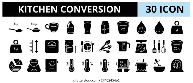 30 Kitchen Conversion Glyph Icons Vector - Teaspoon (tsp), Tablespoon (tbsp), Measuring Cup, Kitchen Scale, Recipe, Portion