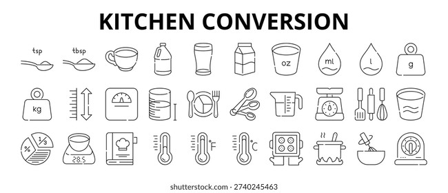 30 Kitchen Conversion Line Icons Vector - Teaspoon (tsp), Tablespoon (tbsp), Measuring Cup, Kitchen Scale, Recipe, Portion