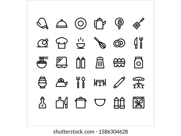 30 Kitchen and Cooking line icons. Boiling time, Frying pan and Kitchen utensils. Fork, and knife line icons. Recipe book, chef hat and cutting board. Cooking book, frying time, hot pan.
