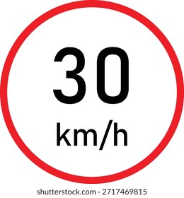Sinal de trânsito de limite de velocidade de 30 km/h com círculo vermelho sobre fundo branco - Símbolo de regulamentação da velocidade de estrada, sinalização de restrição de velocidade máxima, aviso de regra de segurança e transporte de condução, ícone de controle de velocidade em área urbana e residencial para gerenciamento de tráfego e conscientização de segurança rodoviária.