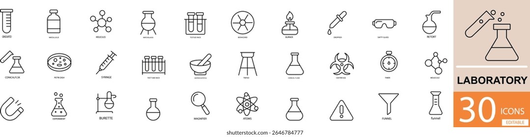 30 Laboratório Linha Ícones Ciência, Médico, Química, Pesquisa, Hospital, Saúde
Esboço do conjunto de ícones do laboratório Microscópio, tubo de teste, médico, vírus, educação, biologia