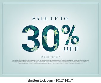 30% lettering handmade with leaves and flower tropical decoration. For Sale discount, Web Promotion, Poster Banner Background, Sign and symbol. Luxury unique style, Green color, Vector illustration