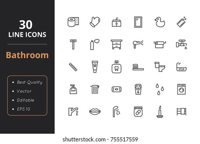 30 line bathroom icon. Soap, toilet, shower, mirror, tooth icon