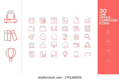 30 Line Office Computer Icon, Fully Recolorable, Resizable, Reshapable, Editable, Two versions in different Layers: Converted and Line version