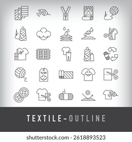 30 linear fill fabric textile simple icon set. Carpet, pattern, webbing, zipper and button design.
