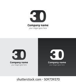 30 logo icon flat and vector design template. Monogram years numbers three and zero. Logotype thirty with grey gradient color. Creative vision concept logo, elements, sign, symbol for card,
