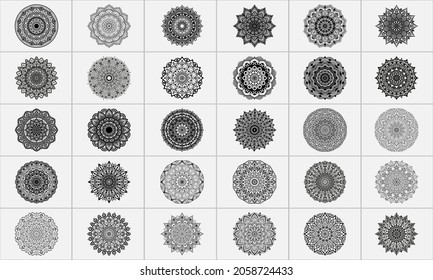 30 Mandala Circular pattern design set for Henna, Mehndi, tattoo, decoration. Decorative ornament in ethnic oriental style. Coloring book page Bundle