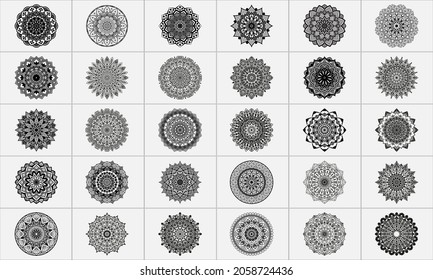 30 Mandala Circular pattern design set for Henna, Mehndi, tattoo, decoration. Decorative ornament in ethnic oriental style. Coloring book page Bundle