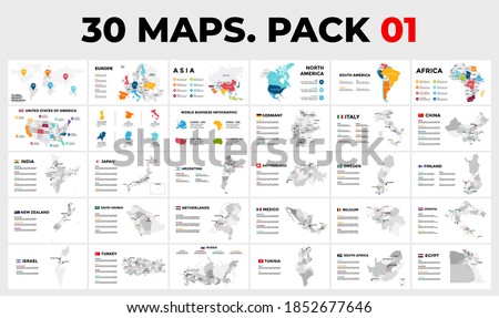 30 Map Infographic Templates in 1 pack. Vector countries with provinces. Includes all world - Europe, Asia, America, Africa, Australia.