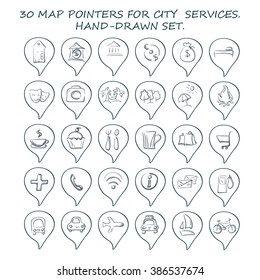 30 map pointers for city services. Hand-drawn set.