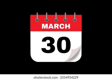 30 March calendar icon text page monthly web design on red, white and black background vector, icon, or illustration with the month of March 30