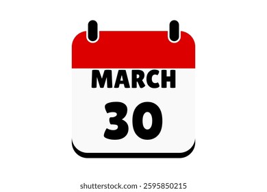 30 March calendar icon text page monthly web design on red, black and white background vector, icon, or illustration with the month of March 30