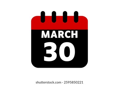 30 March calendar icon text page monthly web design on red, black and white background vector, icon, or illustration with the month of March 30